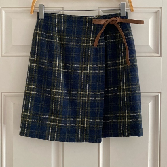 Vintage Dresses & Skirts - Vintage 90s GAP Mini Skirt Wrap Tie Front Wool Plaid Blue Green Fairy Whimsigoth